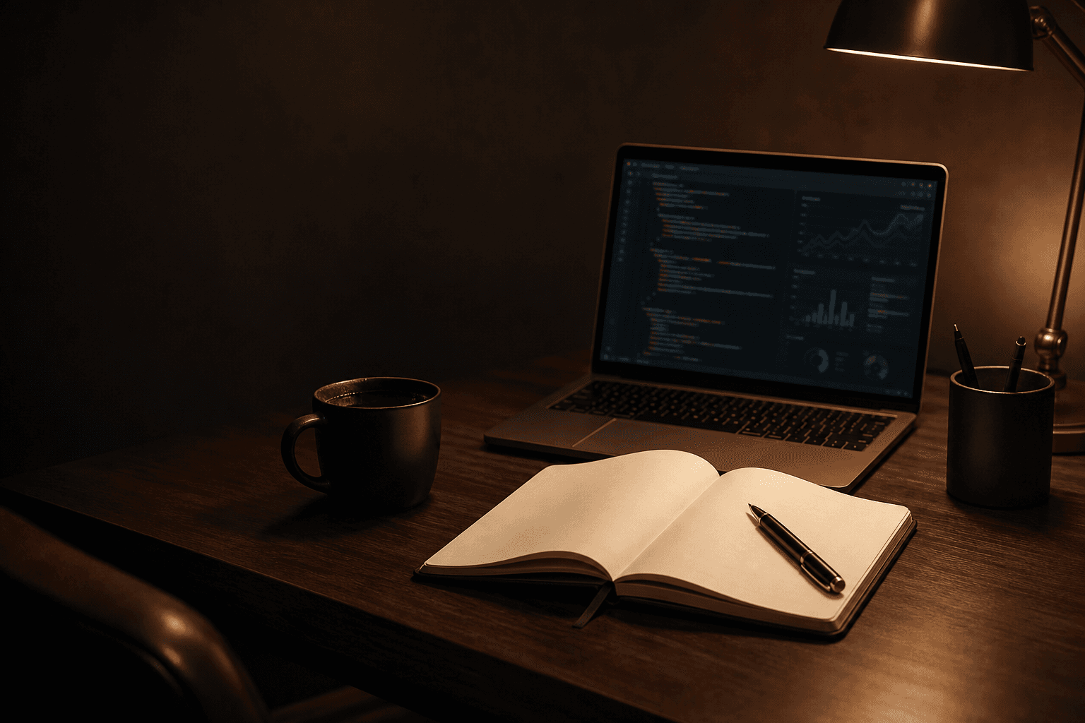 Technology writing desk with notebook, coffee, and laptop displaying code and analytics