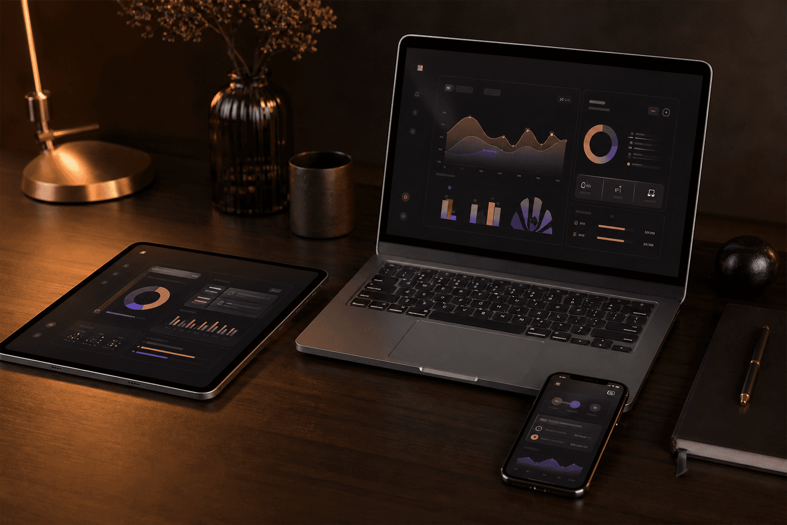Portfolio of business dashboards displayed across laptop, tablet, and mobile devices