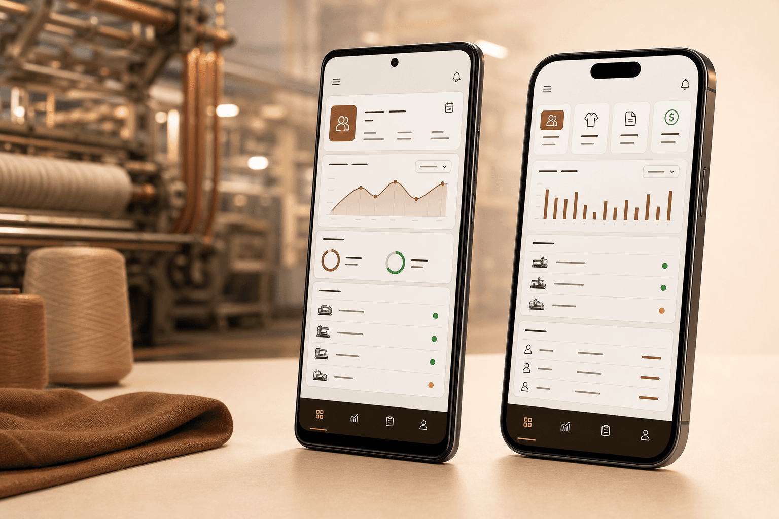 texNova textile management mobile app shown on Android and iOS phones