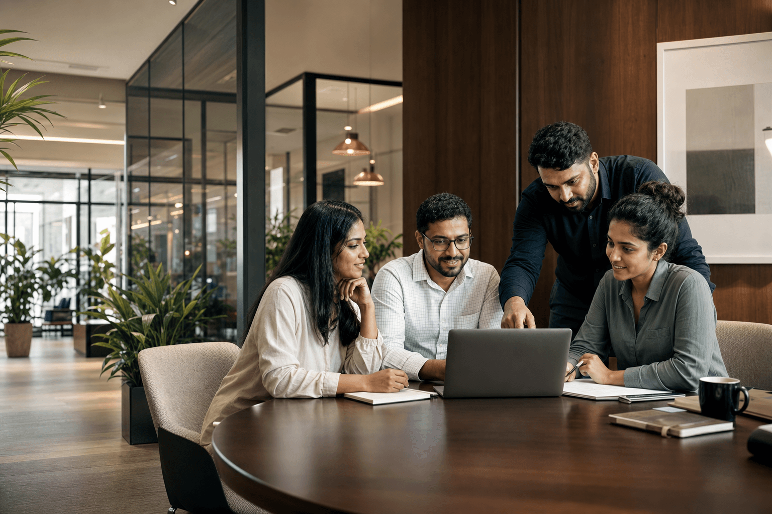 MNBTechhub technology team collaborating around a laptop in a modern office