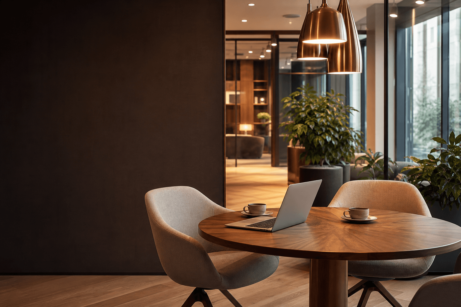 Welcoming technology office meeting space prepared for a client conversation